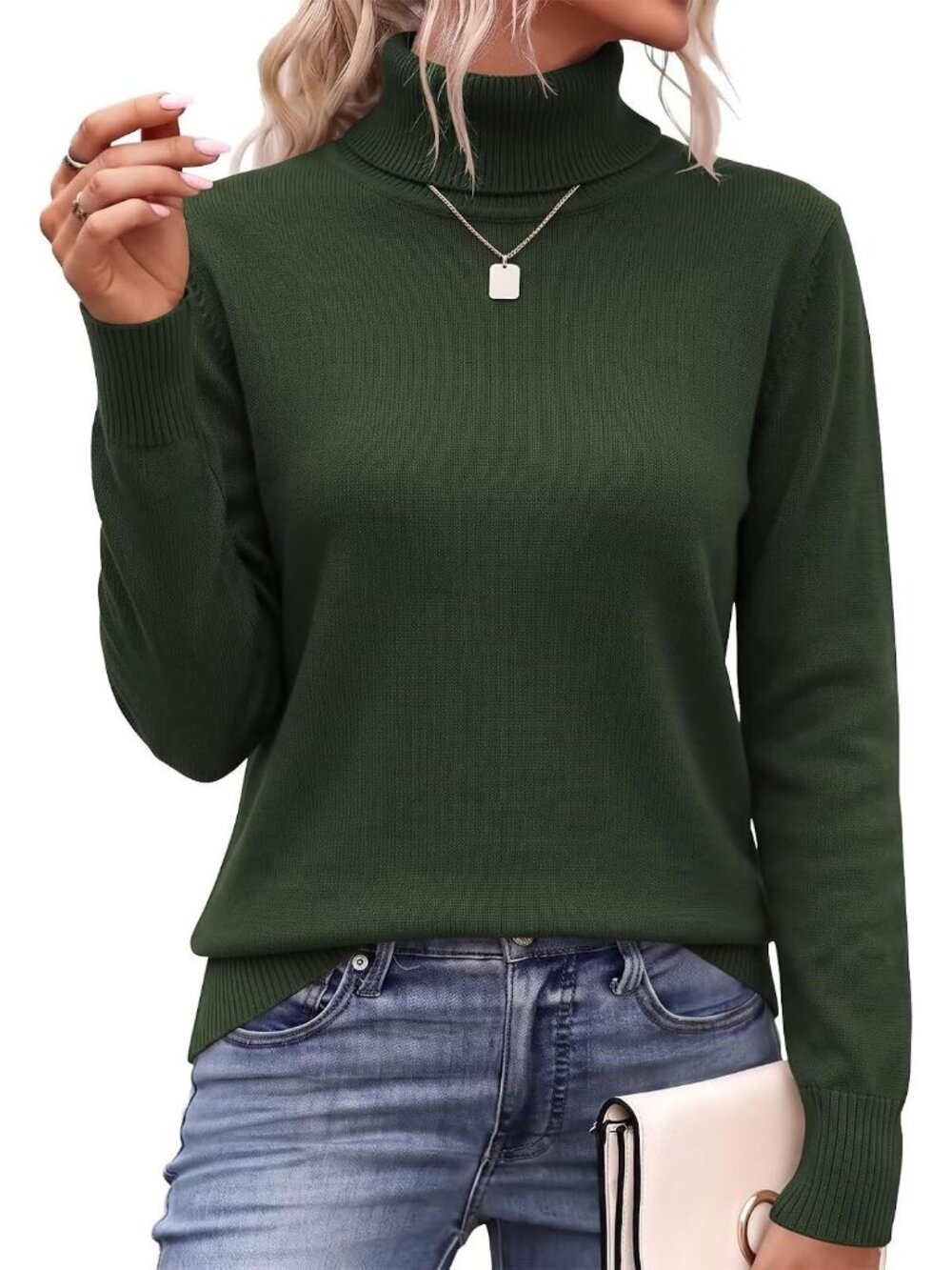 Women’s Army Green Long Sleeve Spilt Hem Knit Pullover Tops Chunky Knit Sweater